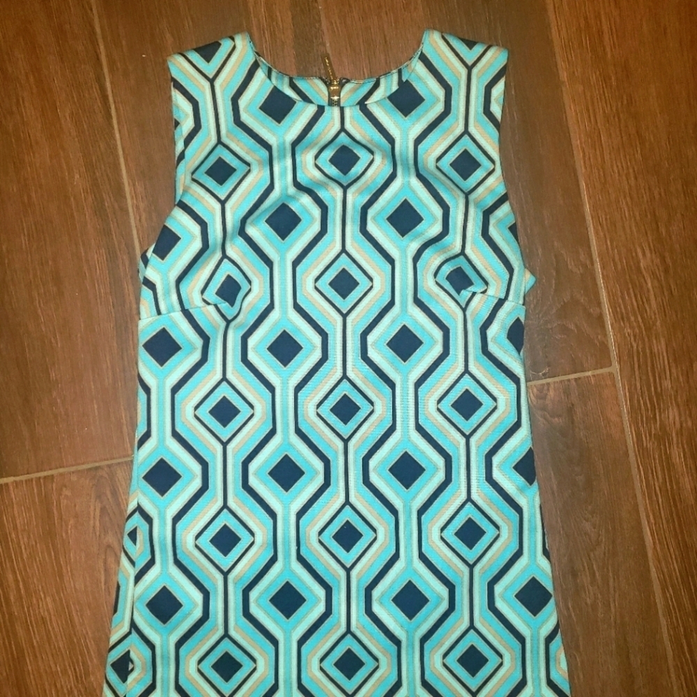 MICHAEL KORS RARE TOP SZ XS RETRO GEOMETRIC PATTERN Gold & Tiffany BLUE